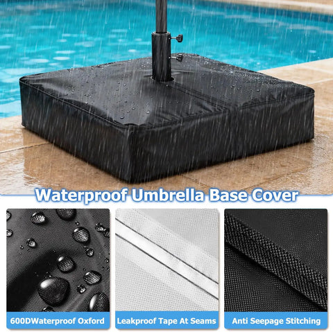 Patio Umbrella Base Cover For Square Stands Heavy Duty 600D Waterproof Anti UV Weatherproof Cover Only 30 Inch By 30 Inch By 5 Inch Black Fits Most Square Bases in rain by a pool.