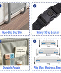 Features of Go-To Senior Bed Rail System with non-slip handle, safety strap, storage pocket, and fits most bed sizes.