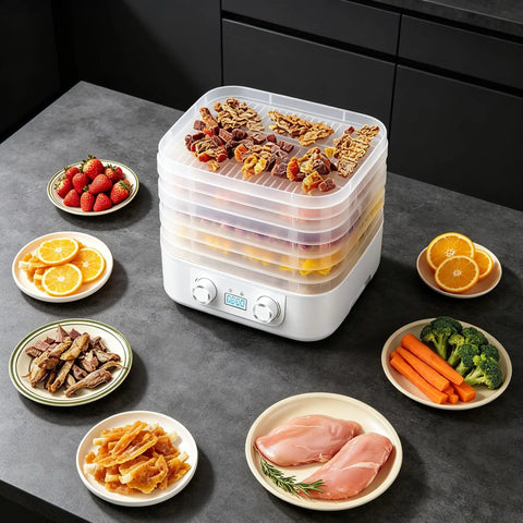 Sleek Digital Food Dehydrator With Adjustable Temperature And Timer For Fruits Veggies Meat Heavy Duty Electric Dryer To Whip Up Healthier Homemade Snacks No Brainer Four To Seven Tray Setup with stacked trays of dried fruits and meats.