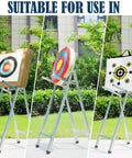 Backyard Archery Target Stand with Telescopic Height Adjustment holding straw, EVA, and paper targets outdoors.