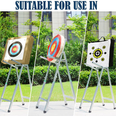 Backyard Archery Target Stand with Telescopic Height Adjustment holding straw, EVA, and paper targets outdoors.