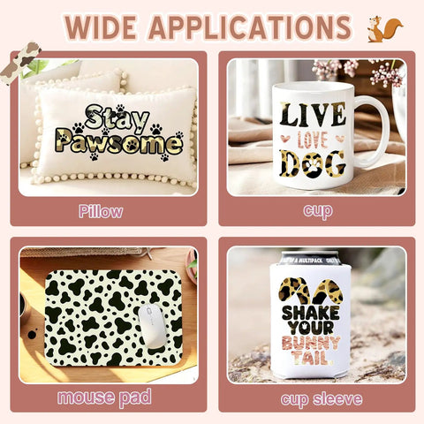 Wide applications of Vintage Pink Cow Print Sublimation Paper Sheets for DIY crafts on pillow, cup, mouse pad, and cup sleeve.