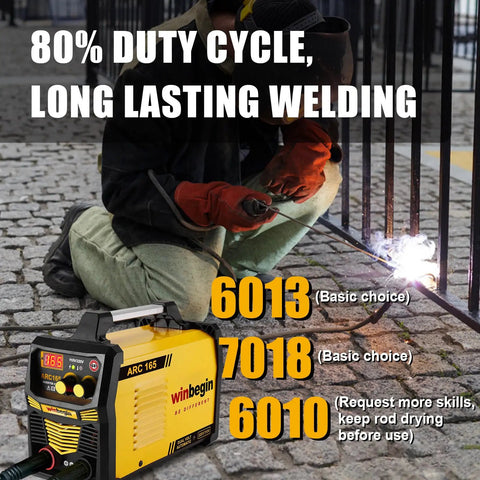Dual Voltage Arc Welding Machine 100V To 240V With Digital Display 165A Max Heavy Duty Stick Welder showing 80% duty cycle