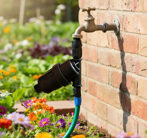 Heavy Duty Three Quarter Inch Inline Hose Filter For Drip Irrigation With 120 Mesh Screen, attached to a spigot in a garden.