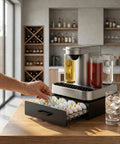 Pod Storage Drawer Organizer For Bartesian Capsules That Holds Forty Pods Stackable Countertop Bar Accessory in a kitchen setting