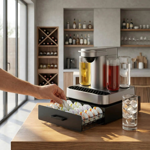Pod Storage Drawer Organizer For Bartesian Capsules That Holds Forty Pods Stackable Countertop Bar Accessory in a kitchen setting