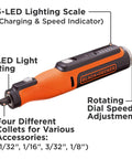 Versatile Cordless Rotary Tool With 35 Piece Accessory Kit 8V Max Power for DIY projects, showing LED scale and collet sizes.