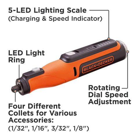 Versatile Cordless Rotary Tool With 35 Piece Accessory Kit 8V Max Power for DIY projects, showing LED scale and collet sizes.