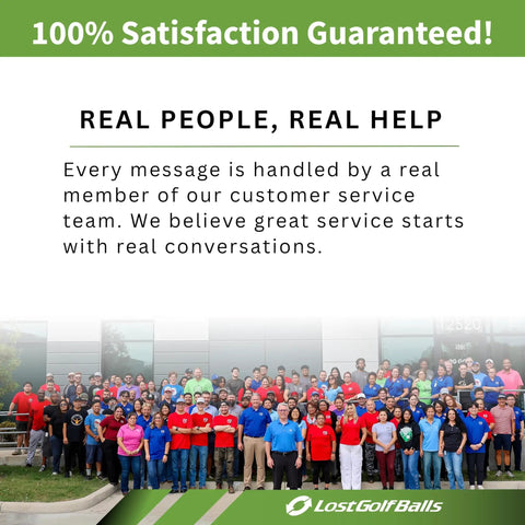 Group photo of LostGolfBalls customer service team under '100% Satisfaction Guaranteed' banner.