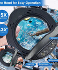 Close-up of 15X HD Magnifying Glass with Light showing electronic circuit board, 5 color mode, adjustable brightness features visible.