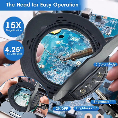 Close-up of 15X HD Magnifying Glass with Light showing electronic circuit board, 5 color mode, adjustable brightness features visible.