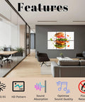 Living room featuring Six Panel Acoustic Wall Pads Featuring Hamburger And Explosion Prints Peel And Stick Sound Absorbing Foam Tiles.