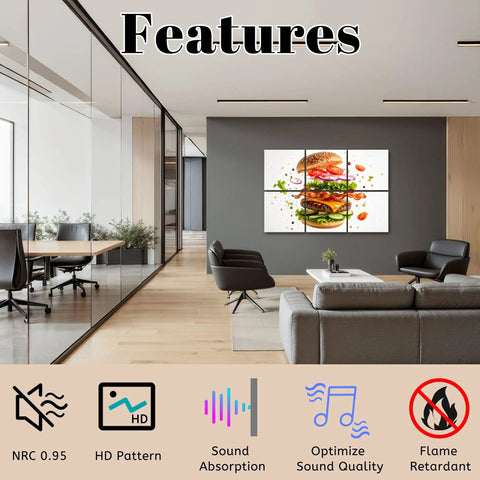 Living room featuring Six Panel Acoustic Wall Pads Featuring Hamburger And Explosion Prints Peel And Stick Sound Absorbing Foam Tiles.