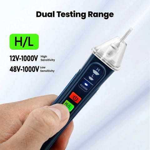 Non Contact Voltage Tester With Alarm And Flashlight LCD Display Dual Range Sniffer for 12V to 1000V shown in hand