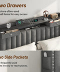 Top Shelf King Size Bed Frame With Four Sleek Rolling Storage Drawers And Wing Headboard In Charcoal Dark Grey close-up of headboard drawers and side pockets for efficient storage.