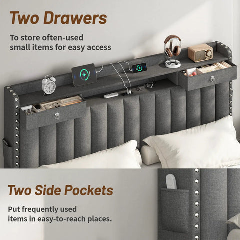 Top Shelf King Size Bed Frame With Four Sleek Rolling Storage Drawers And Wing Headboard In Charcoal Dark Grey close-up of headboard drawers and side pockets for efficient storage.