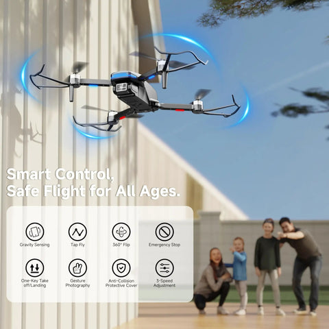 4K HD Camera Drone With Brushless Motors flying near family outdoors.