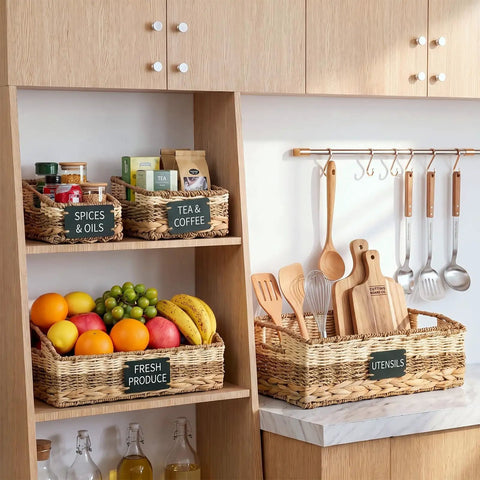 Six Premium Handcrafted Wicker Pantry Baskets And Closet Storage Organizers With Matched Chalkboard Labels For Kitchen Decluttering Straight Up Game Changer Storage Set filled with spices, produce, and utensils.