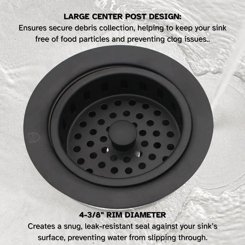 3-1/2 Inch Post Style Large Kitchen Sink Basket Strainer Matte Black Solid Brass Construction in sink