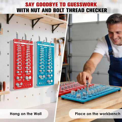 68 In 1 Nut And Bolt Thread Checker Gauge Kit hung on wall and placed on workbench for quick bolt sizing