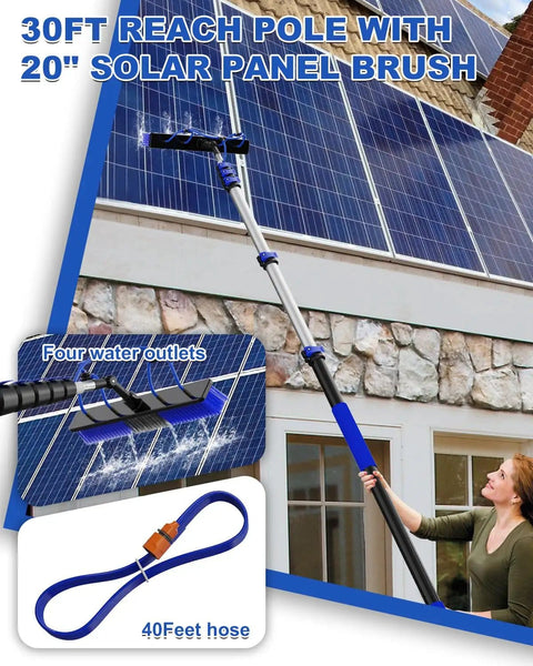 Pro Grade 30Ft Reach Solar Panel Cleaning Kit With 20 Inch Water Fed Brush cleaning rooftop panels with telescoping pole