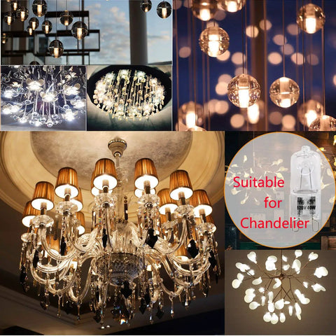 G9 120V 40W Xenon Light Bulb Warm White 2700K Dimmable showcased in various chandelier settings