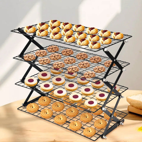 Game-Changing 4-Tier Collapsible Cooling Rack for Baking, Folding Grid With Adjustable, Stackable Design loaded with pastries.