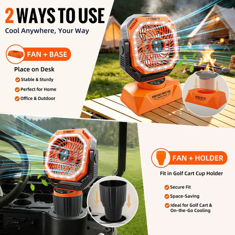 Chill Out On The Links With This Badass Golf Cart Misting Fan Featuring Rechargeable Battery Auto Oscillating Four Wind Speeds for cool outdoor use.