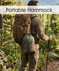 Hiker with backpack carrying Heavy Duty Camping Hammock With Built-In Mosquito Net, 500 Lb Capacity in forest