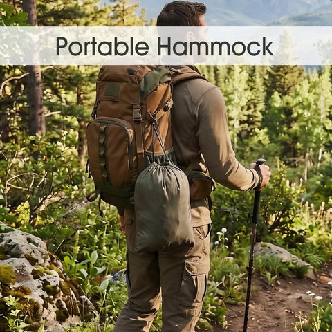 Hiker with backpack carrying Heavy Duty Camping Hammock With Built-In Mosquito Net, 500 Lb Capacity in forest