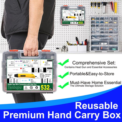 Carrying case for Heat Shrink Solder Seal Wire Connector Kit with Mini Heat Gun, labeled 532 pcs, for marine and auto use