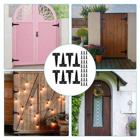16 Pack 4 Inch T Strap Hinges Heavy Duty Matte Black Outdoor Gate Hardware on various gates and doors.