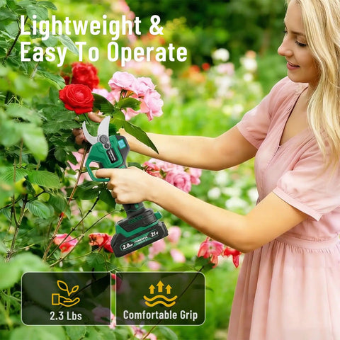 Woman using powerful 2.5 inch cutting capacity cordless pruning shears with brushless motor dual 2Ah batteries SK7 blade.