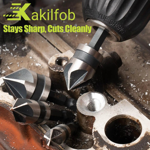 All In One Step Drill Bit Set With Countersinks For Metal Aluminum Wood Plastic, Four Spiral Flute, used on a metal surface