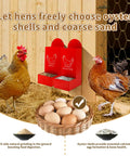Must Have Backyard Bird Gear Two Pack Red Metal Grit And Oyster Shell Feeders with hens selecting grit and oyster shells.