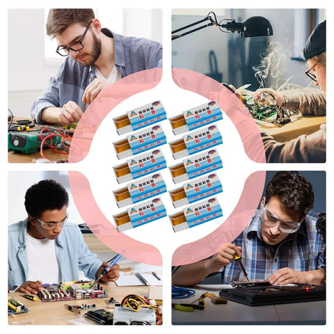 Rosin Flux Soldering Paste Dope 10 Piece High Purity Cream for electronics and mobile phone repairs, four technicians working