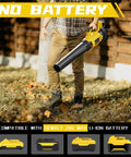 Man using Cordless Leaf Blower For DeWalt 20V Max Batteries With 650 CFM Brushless Motor for outdoor cleanup, batteries shown