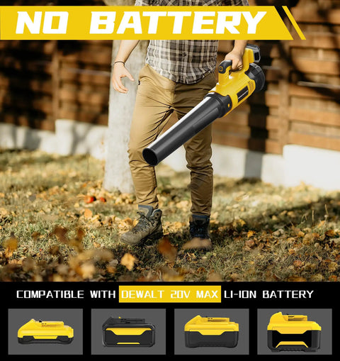 Man using Cordless Leaf Blower For DeWalt 20V Max Batteries With 650 CFM Brushless Motor for outdoor cleanup, batteries shown