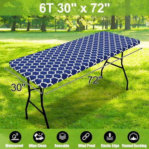 Elastic Fitted Picnic Table Cover For 6 Foot Tables Waterproof Wipeable Vinyl With Flannel Back Navy 30x72 Inches