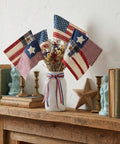 Six Pack 4x6 Inch Fabric Mini Flags On Sticks For 4th Of July Home Decor And Independence Day Parties in vase on mantel