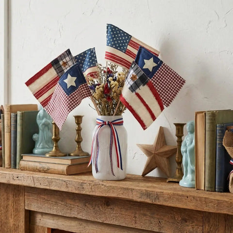 Six Pack 4x6 Inch Fabric Mini Flags On Sticks For 4th Of July Home Decor And Independence Day Parties in vase on mantel