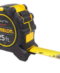 Monster Maggrip 25 Foot Measuring Tape with magnetic end, yellow durable nylon coated blade, double-sided marking visible.