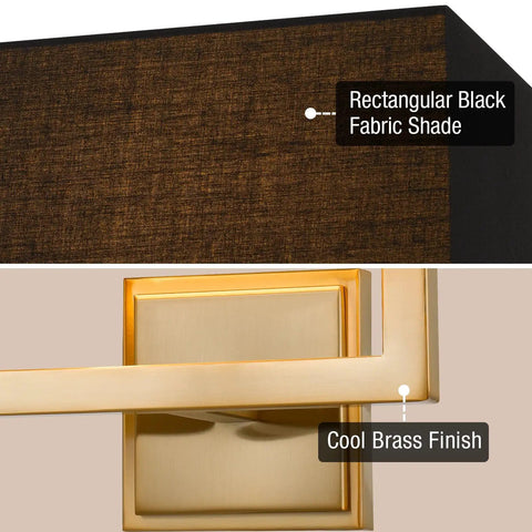 Close-up of Sleek Mid Century Modern 16 Inch Two Light Wall Sconce In Cool Brass Gold Finish With Black Fabric Shade Rectangular