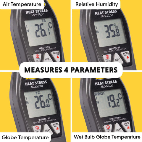 Handheld Heat Stress Monitor With WBGT Globe Temperature And Humidity Readouts For On Job Sites And Gyms, Air Temp Readout