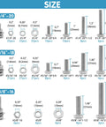 Stainless Steel Hex Bolts And Nuts Set With Case Includes One Quarter Twenty Five Sixteenth Eighteen And Three Eighth Sixteen Thread Sizes displayed with dimensions.
