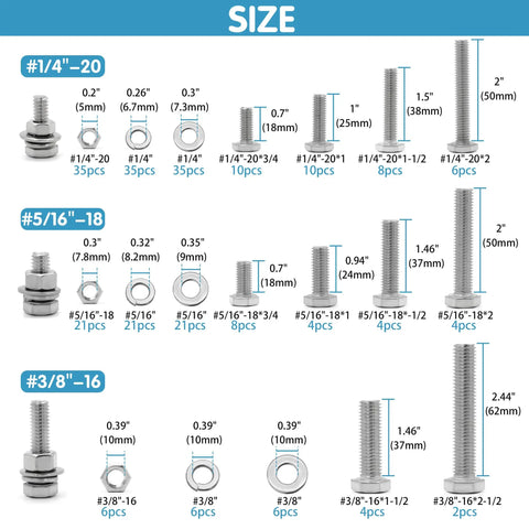 Stainless Steel Hex Bolts And Nuts Set With Case Includes One Quarter Twenty Five Sixteenth Eighteen And Three Eighth Sixteen Thread Sizes displayed with dimensions.
