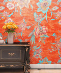 Vintage Floral Peel And Stick Wallpaper Dope Vibe In Bold Orange Red Watercolor Self Adhesive For Bedroom Living Room Wardrobe
