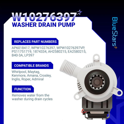 Washer Drain Pump Replacement Drop In W10276397 For Whirlpool Kenmore Maytag Laundry Machines Replaces WPW10276397VP B40-3A 1874334