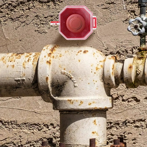 Power Switch Lockout Cover For Emergency Stop Buttons And Push Switches, Built Tough Industrial Safety Protector, mounted on pipe.