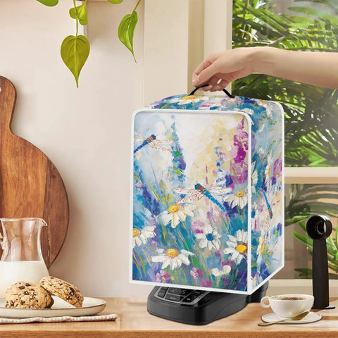 Slick Dragonfly Daisy Print Kitchen Appliance Cover With Heavy Duty Carry Handle, waterproof polyester shield over coffee maker.